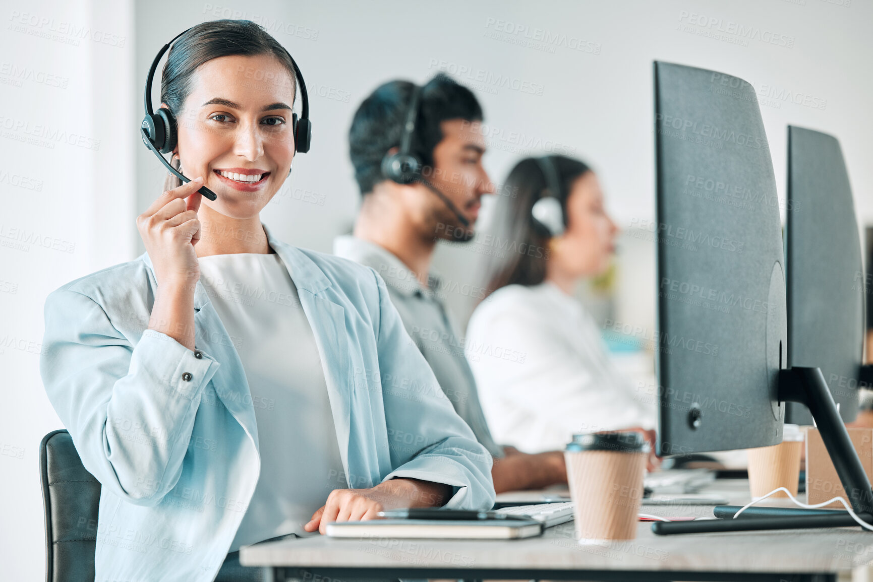 Buy stock photo Woman, call center and microphone in portrait with smile, consulting and customer service agency in office. Girl, telemarketing agent and pride for job, contact us and happy at tech support help desk