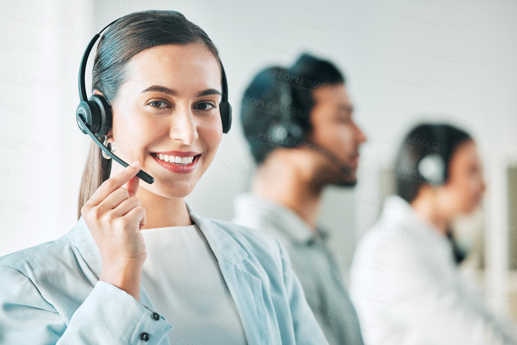 Buy stock photo Young woman, call center and microphone in portrait with smile, consulting and customer service agency. Girl, telemarketing agent and pride for job, contact us or happy at technical support help desk