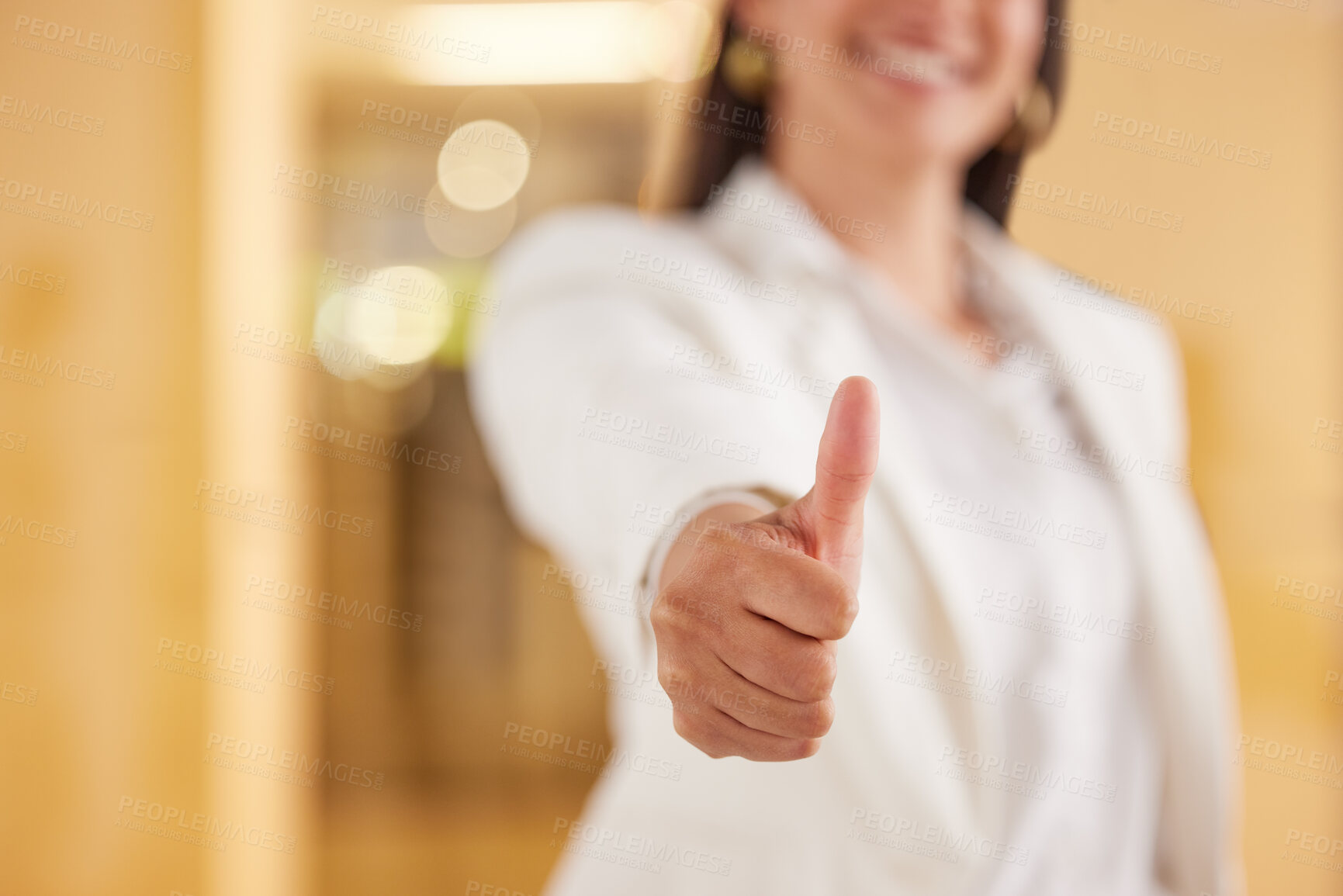 Buy stock photo Thumbs up, business woman or closeup for support, excellence or thank you in office. Like, hand gesture or sign for agreement, feedback review or emoji for good job after winning promotion with smile