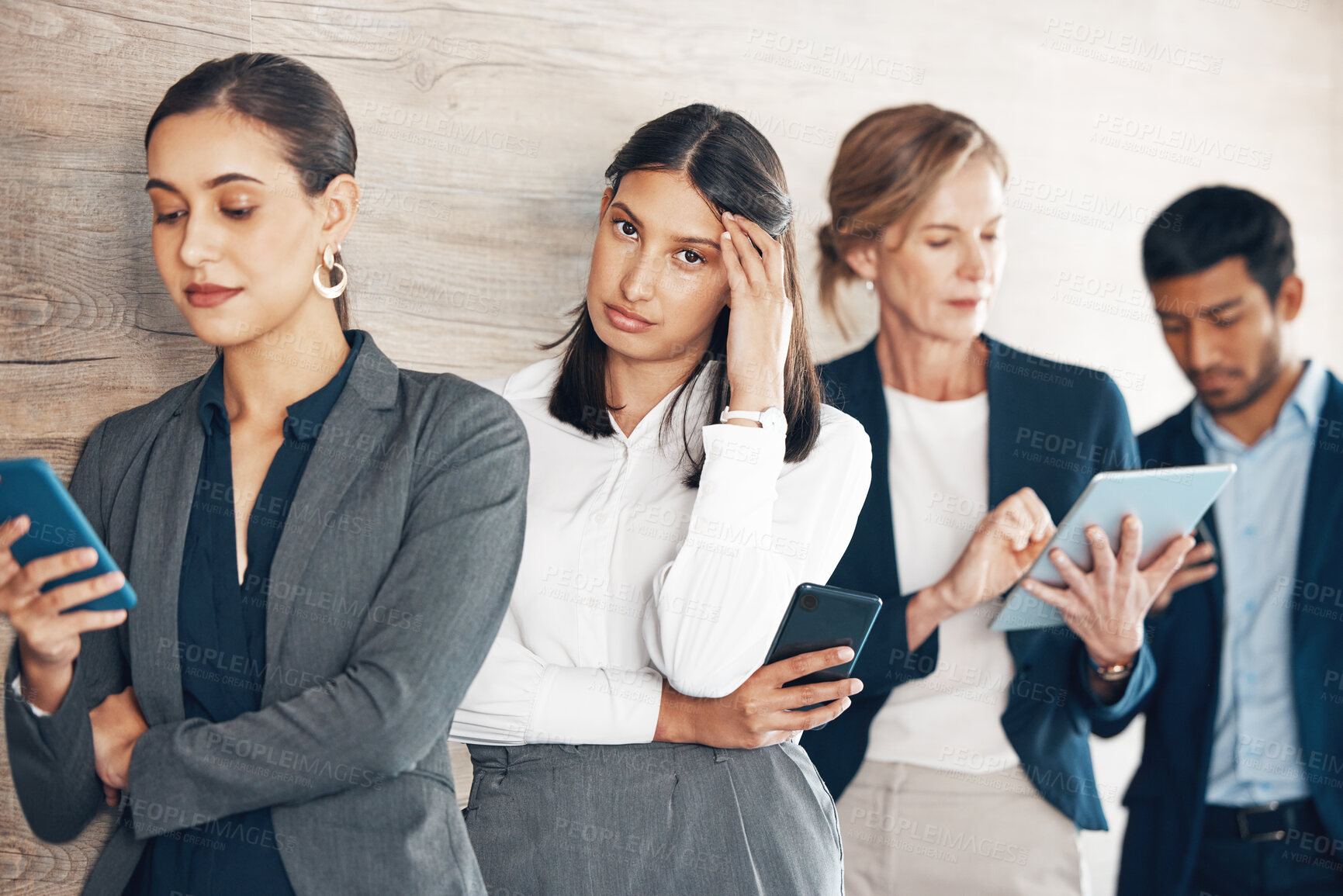 Buy stock photo Business, people and stress for interview line with anxiety for hiring, recruitment and hr lobby of opportunity. Woman, frustrated and waiting room, queue and onboarding meeting for job vacancy