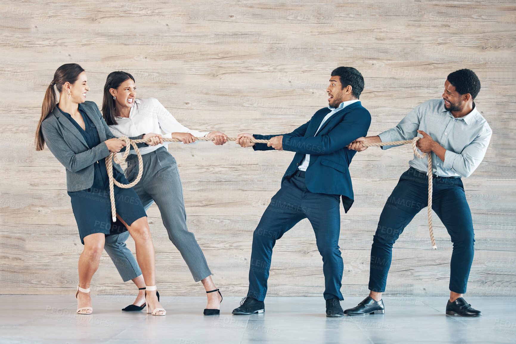 Buy stock photo Group, people and pull rope in office for opportunity, recruitment and conflict solution of competition. Frustrated, workers and tug of war with teamwork, power and support of interview challenge 