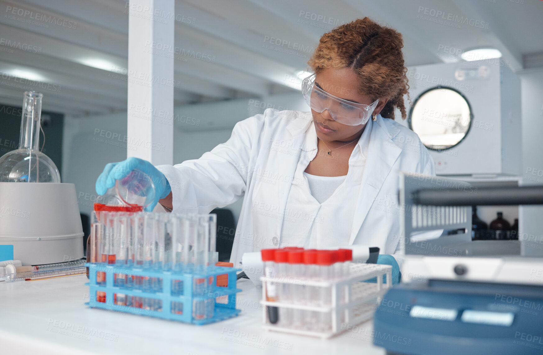 Buy stock photo Scientist, test tube and science in lab for analysis, biotechnology and cancer research development. Black woman, healthcare and chemistry study for stem cell, genes editing and microbiome experiment