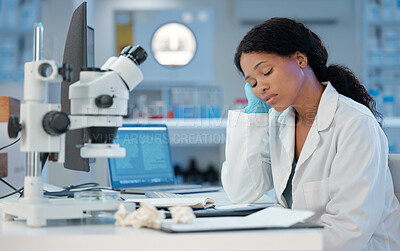 Buy stock photo Night, tired and science with woman in laboratory for healthcare, medical and research breakthrough. Mpox deadline, anxiety and fatigue with person for medicine, biotechnology and vaccine risk