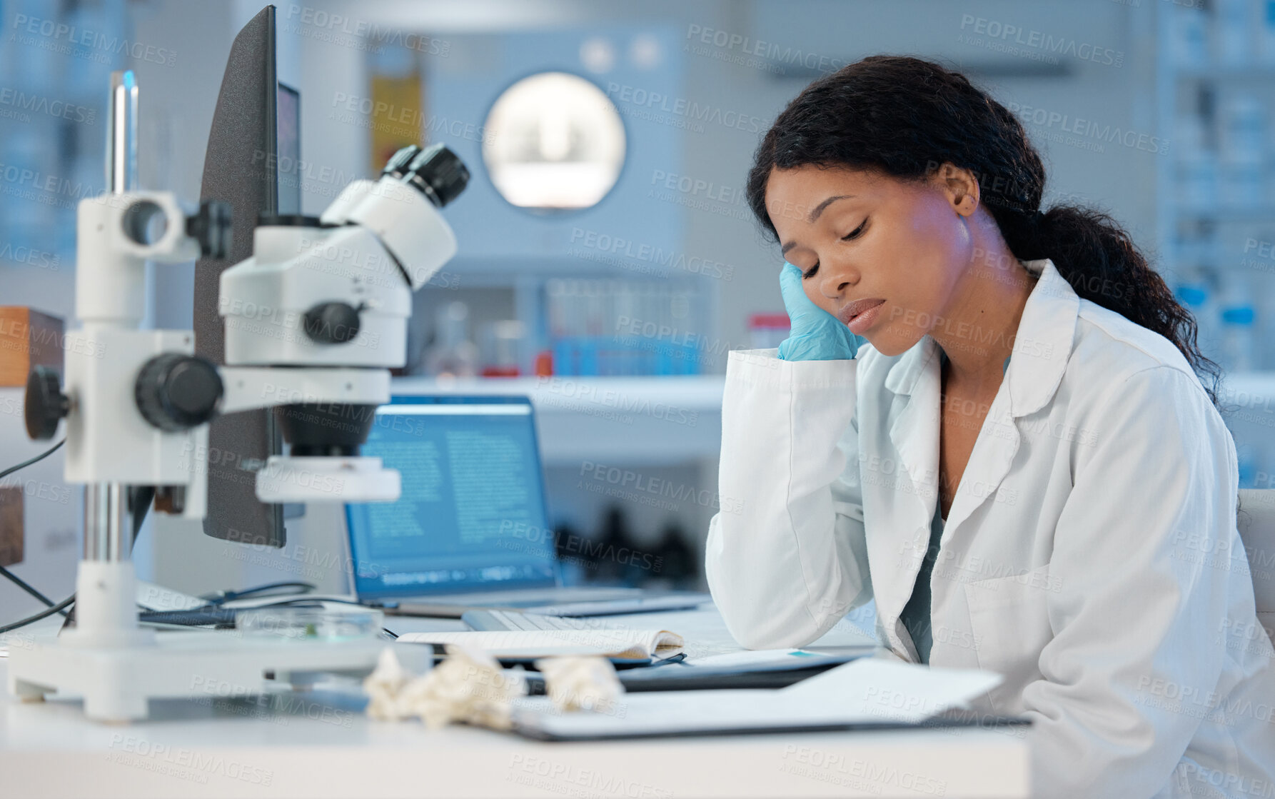 Buy stock photo Night, tired and science with woman in laboratory for healthcare, medical and research breakthrough. Mpox deadline, anxiety and fatigue with person for medicine, biotechnology and vaccine risk