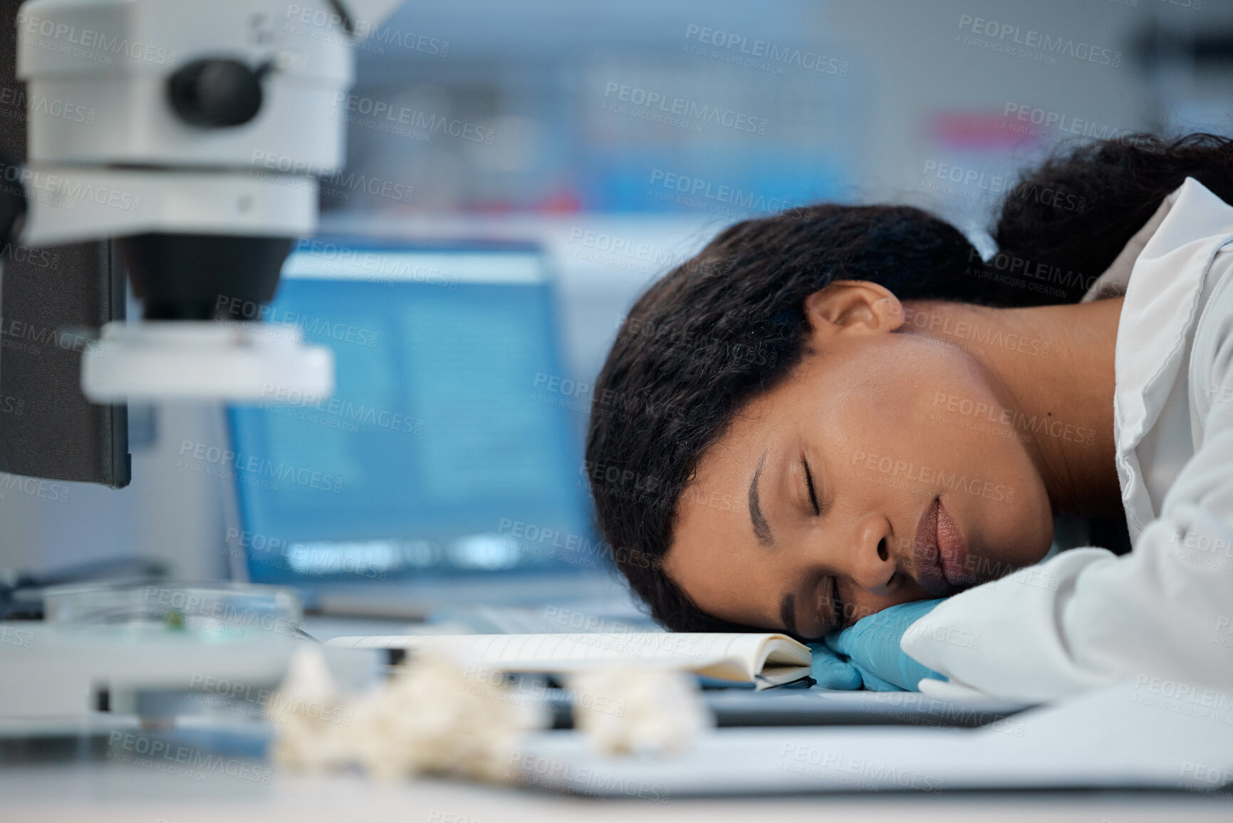 Buy stock photo Sleeping, science and black woman in lab, research and experiment with burnout, exhausted and overworked. African person, medical or professional in workplace, nap and tired with fatigue and dreaming