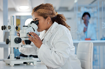 Buy stock photo Science, development and microscope with a woman at work in a laboratory for research or innovation. Healthcare, medical and investigation with a female scientist working in a lab for pharmaceuticals