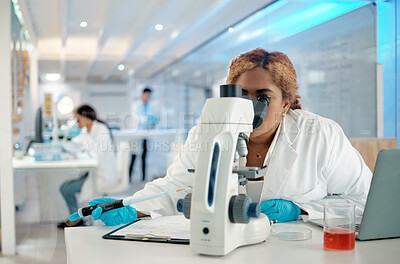 Buy stock photo Science, medical and microscope with a woman at work in a laboratory for research or innovation. Healthcare, investigation and development with a female scientist working in a lab for pharmaceuticals