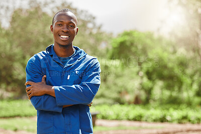 Buy stock photo Portrait, farmer and happy black man with arms crossed in countryside for agriculture, agro business and employee outdoor. Sustainability, confident person and smile with nature, ecology and worker