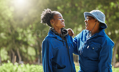 Buy stock photo Friends, farmers and happy black women with laugh in countryside for agriculture, agro business and employee outdoor. Sustainability, confident people and smile with nature, ecology and workers