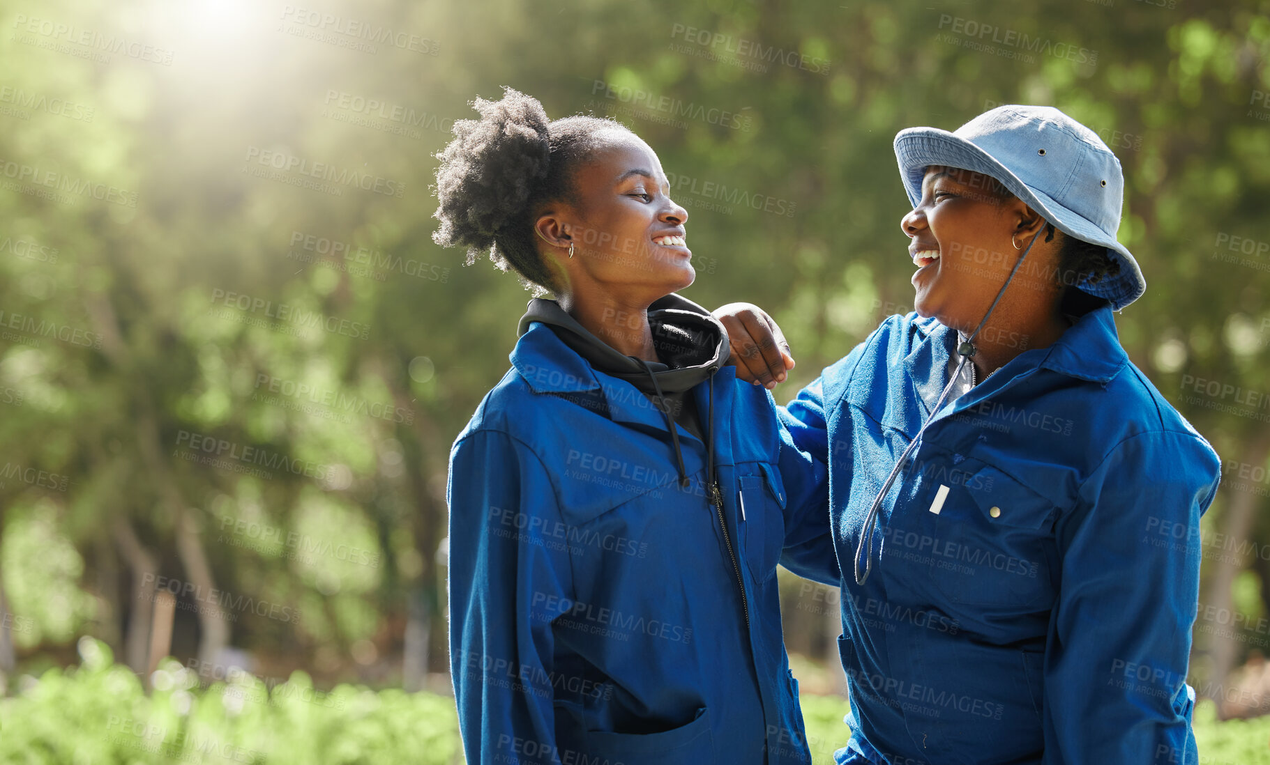 Buy stock photo Friends, farmers and happy black women with laugh in countryside for agriculture, agro business and employee outdoor. Sustainability, confident people and smile with nature, ecology and workers