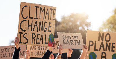 Buy stock photo Protest, climate change and poster with a group of people outdoor at a rally or march for conservation. Global warming, freedom and environment with a crowd walking together during a community strike