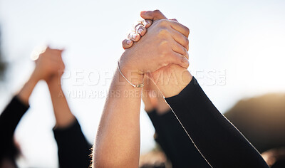 Buy stock photo People, hands together and teamwork with solidarity in unity, collaboration or community for mission in nature. Closeup of friends touching in power for freedom, trust or support on campaign or rally