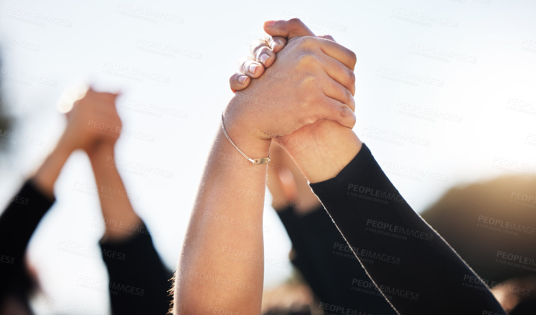 Buy stock photo People, hands together and teamwork with solidarity in unity, collaboration or community for mission in nature. Closeup of friends touching in power for freedom, trust or support on campaign or rally