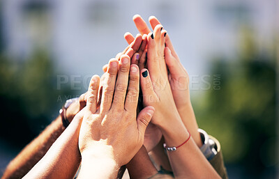Buy stock photo Community, together and hands for success high five, motivation or goals as a group of friends. Trust, collaboration and people with a gesture for team building, support or celebration of solidarity