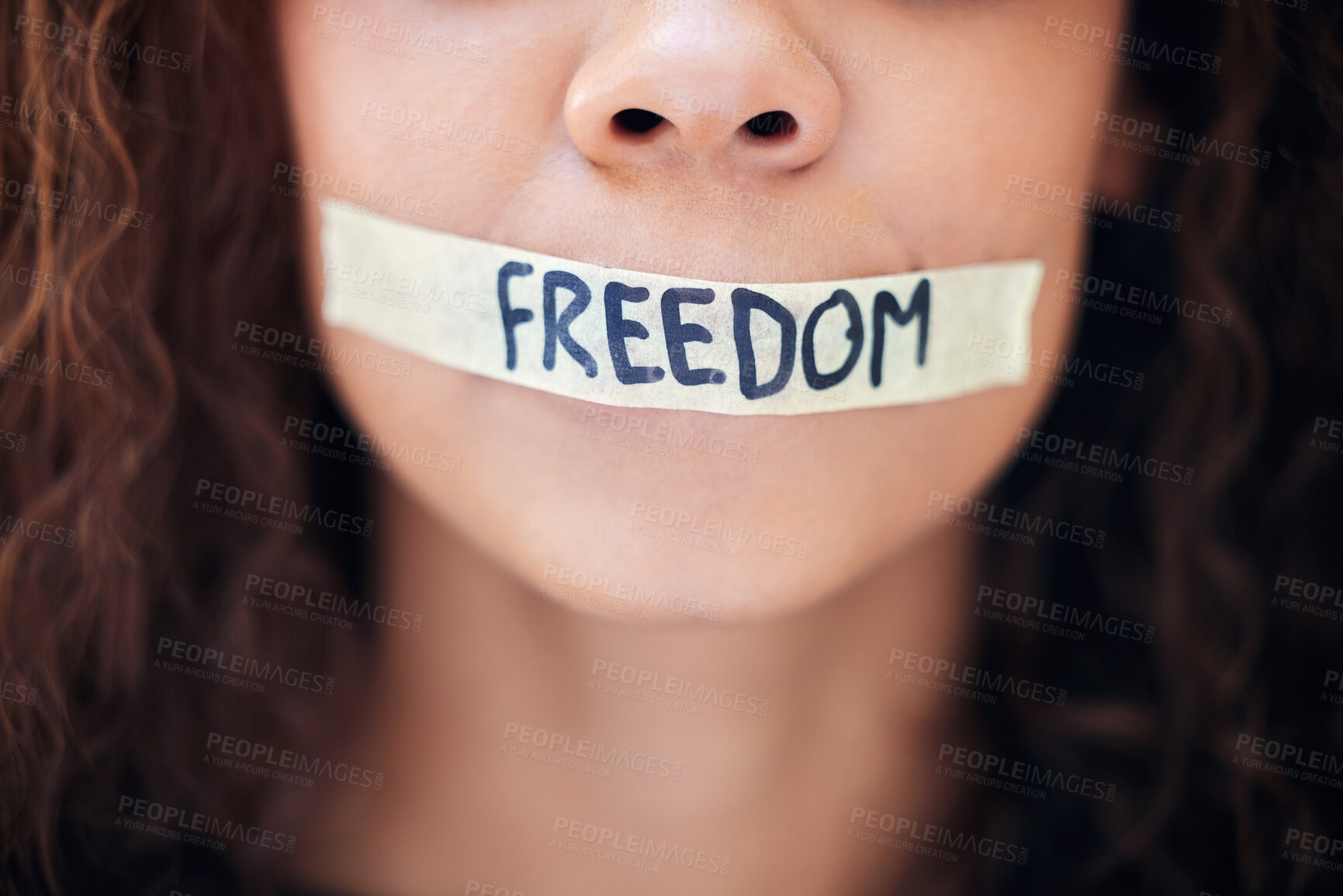 Buy stock photo Freedom, censorship and mouth of woman with tape, voice and fight for equality in human rights. Silence, change and girl in protest to stop sexual harassment, domestic violence or secret revolution