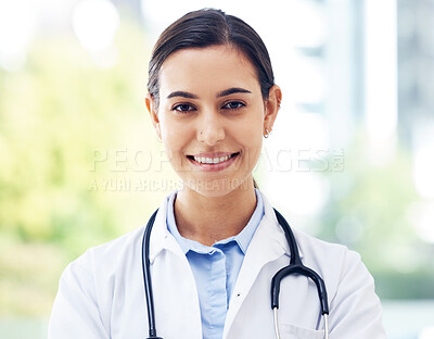 Buy stock photo Portrait of a young doctors standing in a hospital