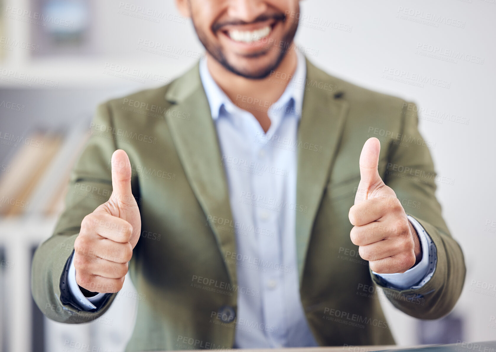 Buy stock photo Happy, businessman and hands with thumbs up for winning, review or positive feedback at office. Closeup of man or employee with smile, like emoji or yes sign for well done, thank you or good news