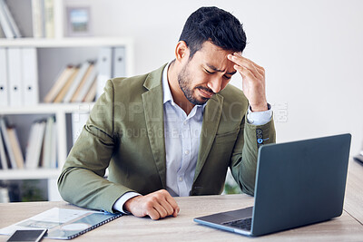 Buy stock photo Businessman, stress and headache with laptop in office for budget report, anxiety and brain fog. Frustrated, financial planner and confused with crisis at desk for investment error, debt and solution