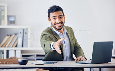 Buy stock photo Portrait, office and man with handshake offer for introduction, onboarding welcome or deal agreement. Hello, shaking hands and businessman at desk with b2b partnership, opportunity or congratulations