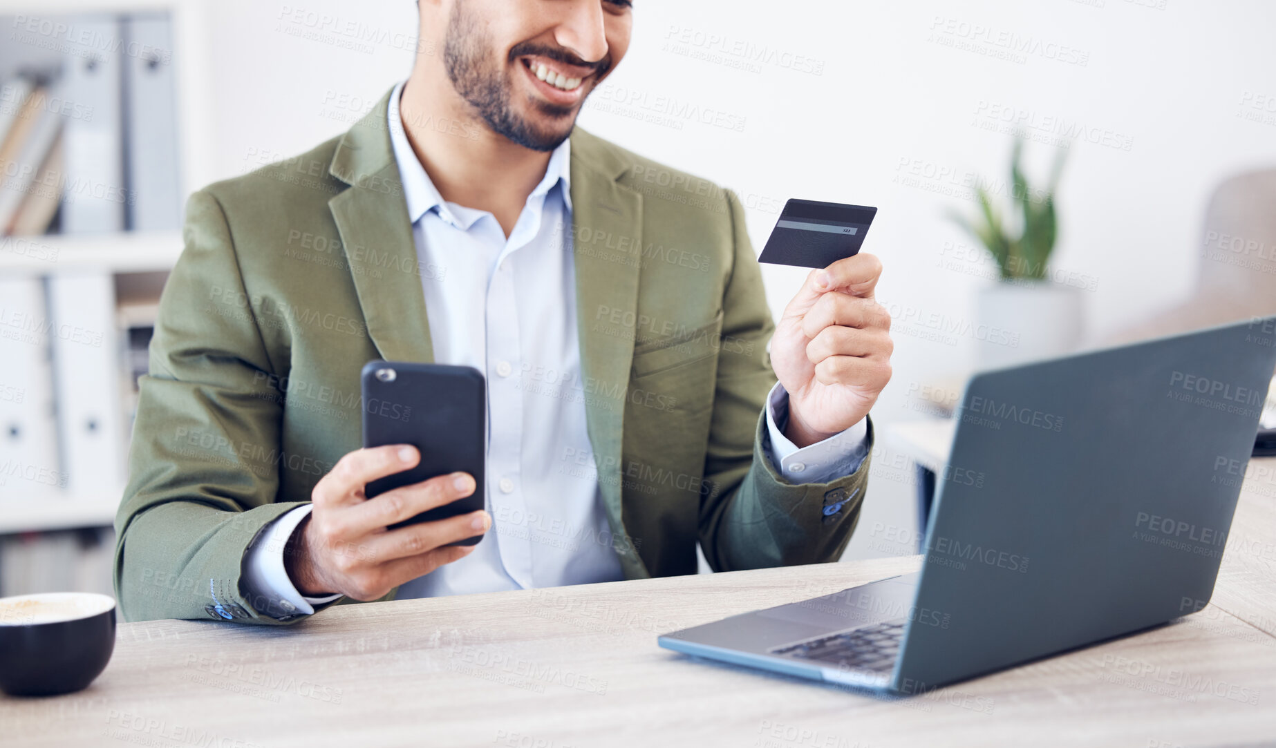 Buy stock photo Office, business man and mobile phone with credit card for banking, payment and fintech with smile. Male manager, cellphone and debit details for information, manage finance and deposit for startup