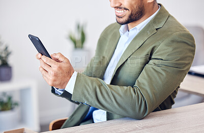 Buy stock photo Typing, phone and hands of man in office checking email, online chat or business planning schedule. Advisor, consultant or businessman with smartphone, scroll and mobile app for networking at desk