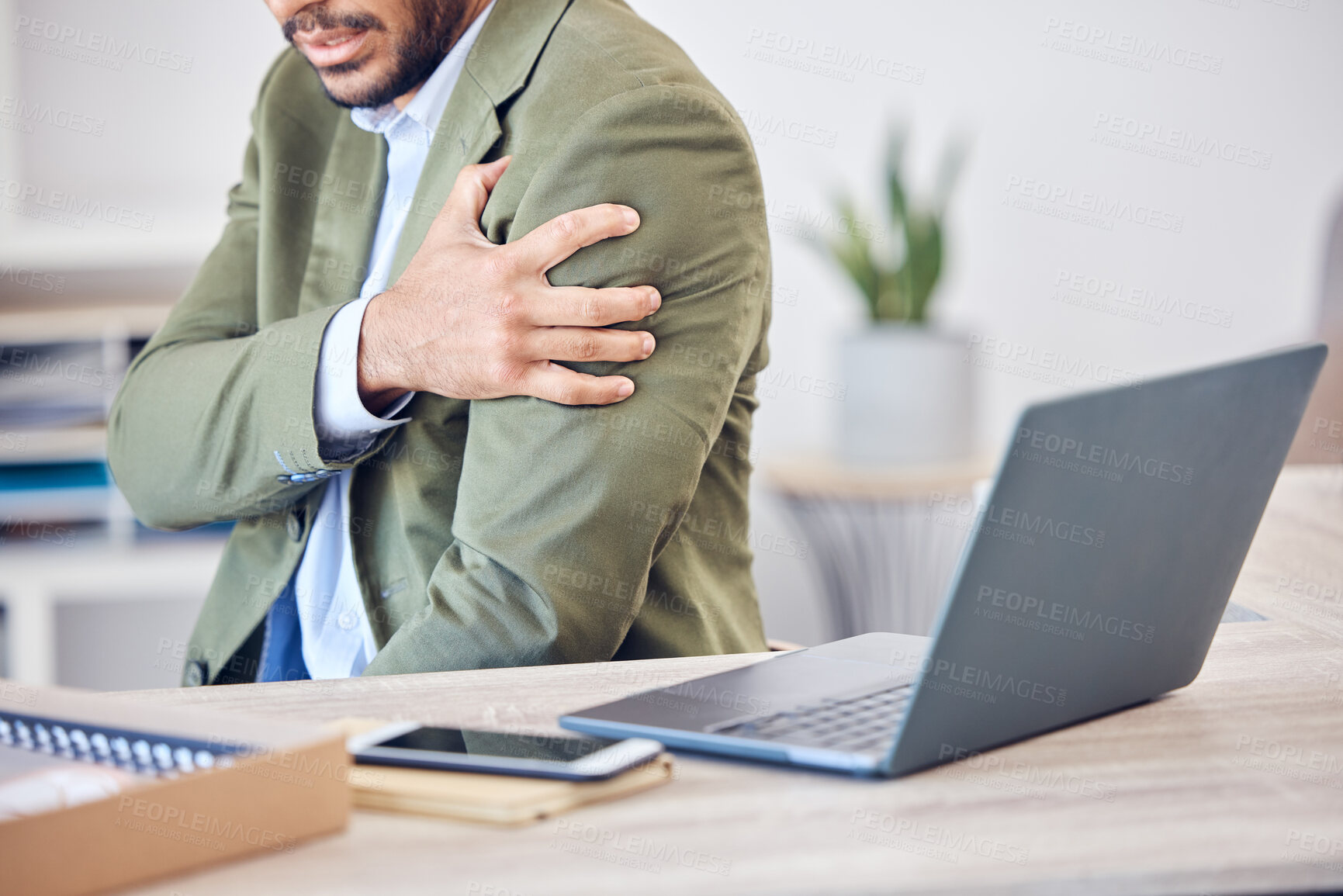 Buy stock photo Business, man and shoulder pain from injury in office with muscle tension, arm strain and laptop at workplace. Professional, employee and hands with inflammation, accident and discomfort at workspace