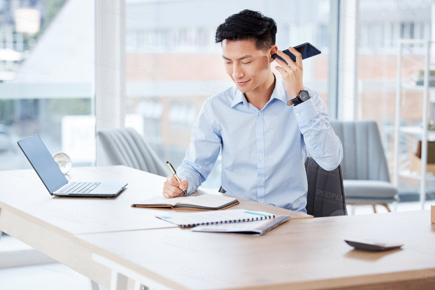 Buy stock photo Phone call, business and Asian man writing, speaker and conversation with planning, schedule and network. Person, employee and consultant with cellphone, notebook or communication with journal or app