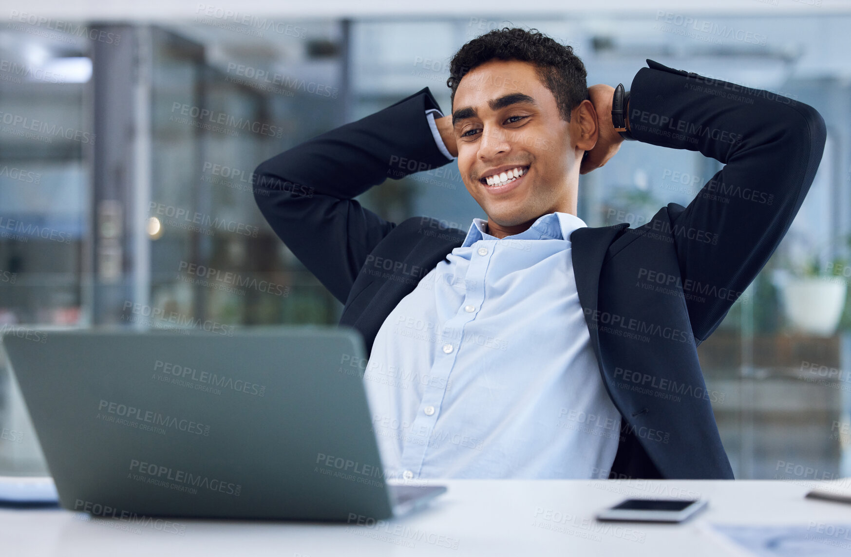 Buy stock photo Relax, laptop and businessman in office for completed finance project with revenue report. Happy, rest and male financial analyst with hands behind head for finished investment plan on computer.