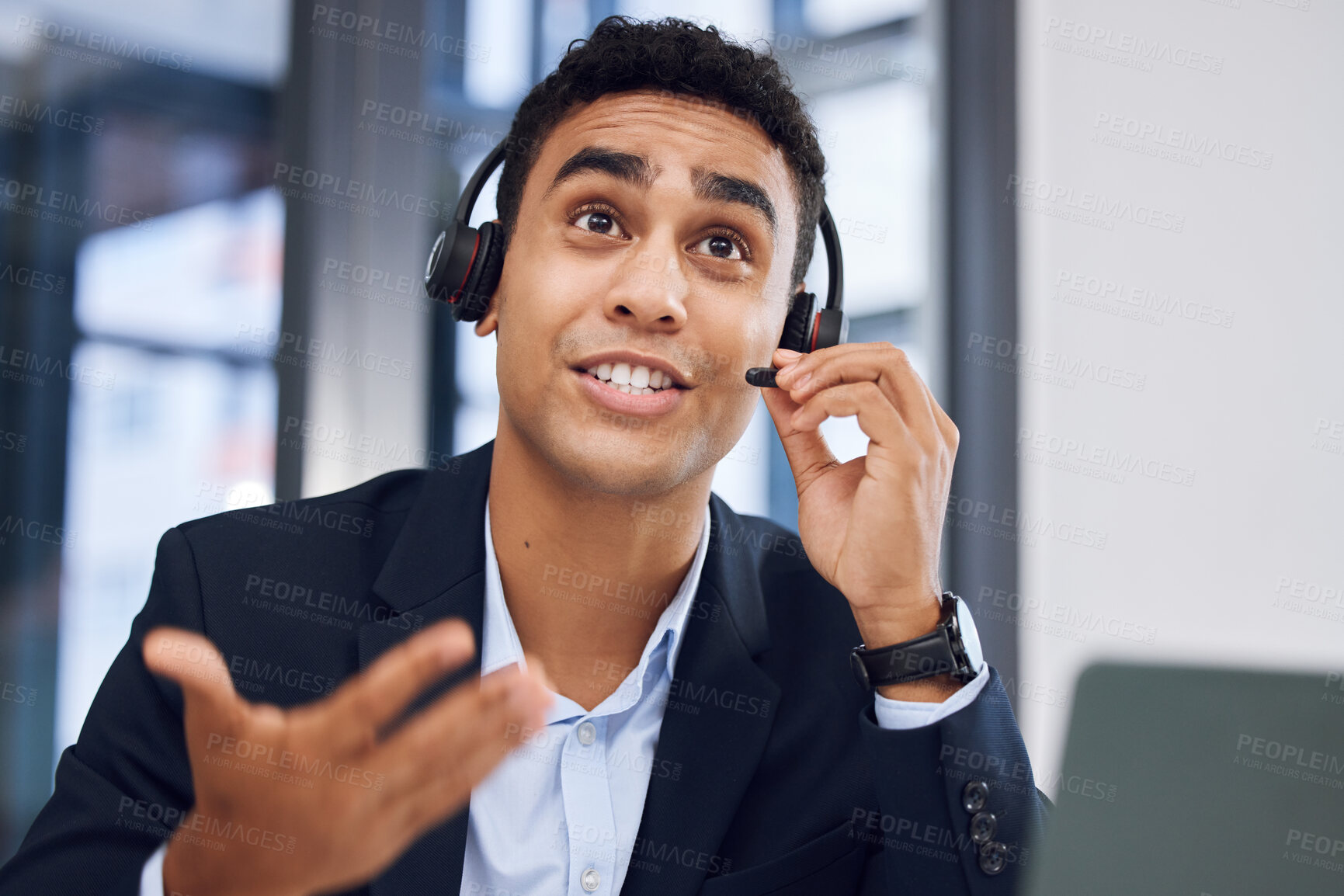 Buy stock photo Call center, talking and man with headset in office for communication, customer support or service. Contact us, CRM and male consultant with mic for student aid, career guidance or scholarship advice