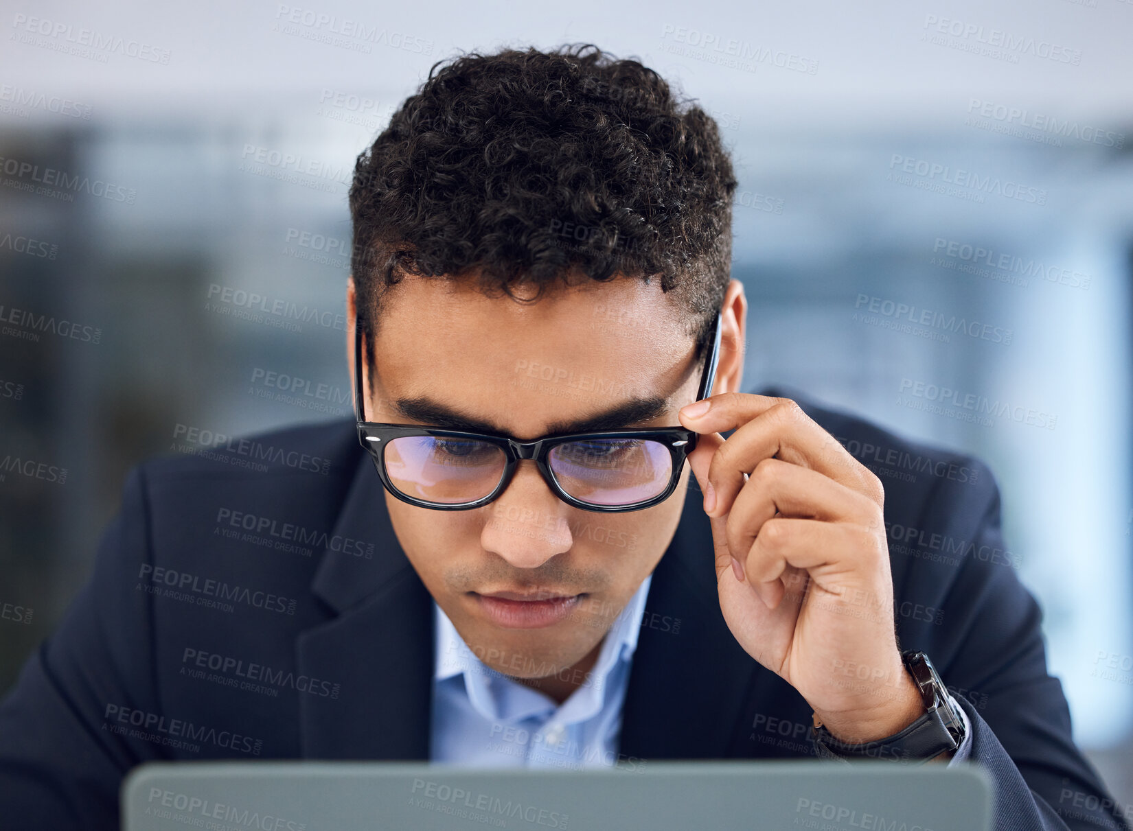 Buy stock photo Business, glasses and man with laptop, reading and email notification with connection, website info and optometry. Person, employee and consultant with computer, eyewear and clear vision in office