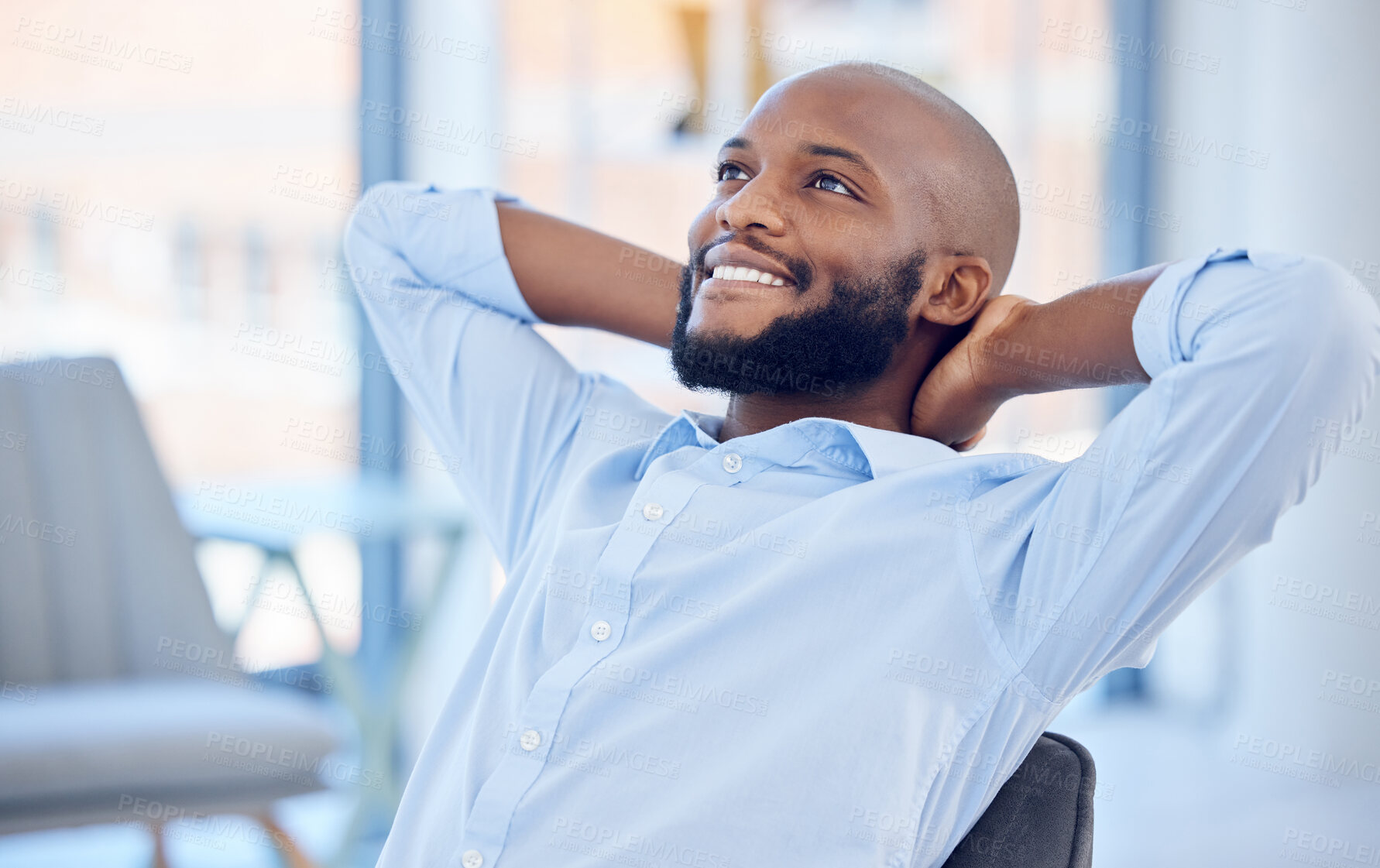 Buy stock photo Calm, relax and happy black man in office after finishing work project, planning or complete job in business. Peace of mind, stretching and employee resting for freedom, dream and thinking of future