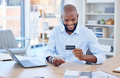 Buy stock photo Black man, corporate credit card and smartphone with ecommerce and fintech, payment with smile and bank app. Male professional at office with business purchase, online shopping and internet banking