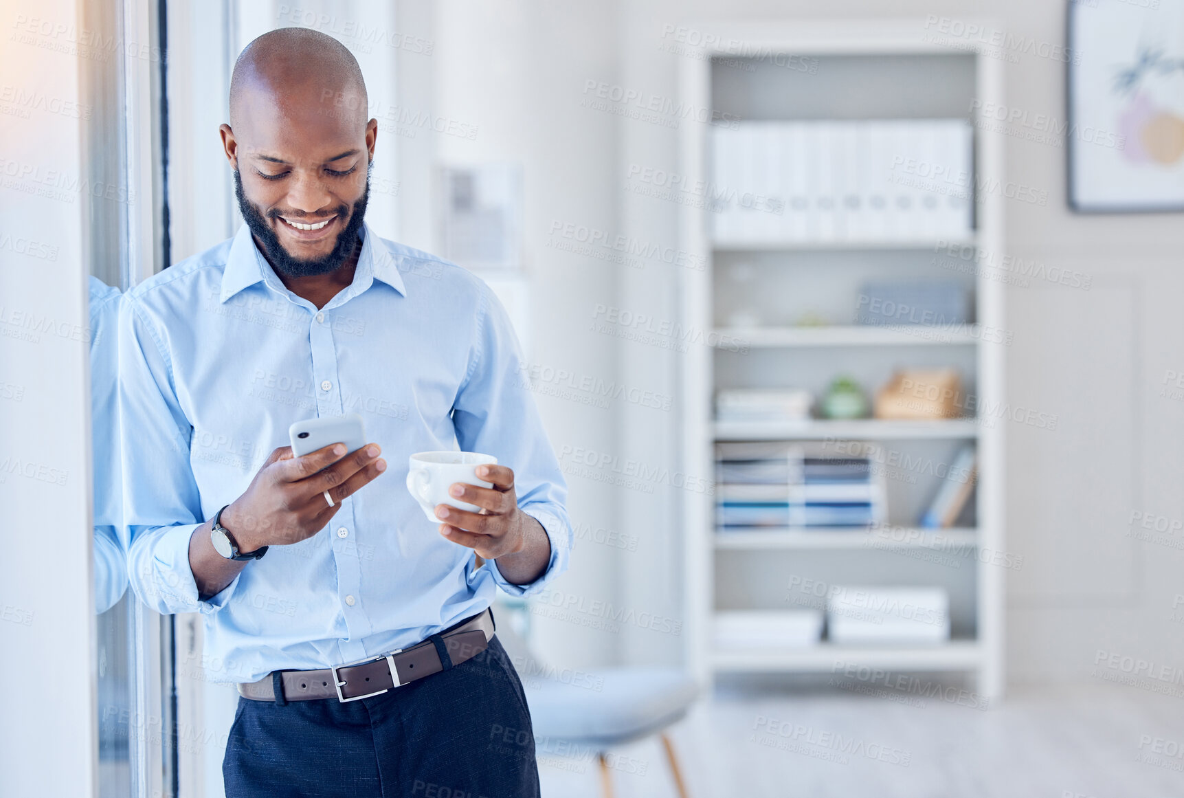 Buy stock photo Phone, office and business black man with coffee for social media, communication and website. Professional, corporate and person on smartphone with drink, tea and caffeine for relax, break and happy