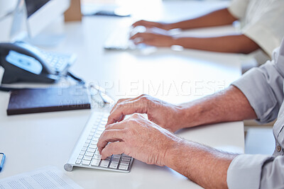 Buy stock photo Call center, typing and hands of people in office with networking, lead generation and research. Computer, keyboard and consultant at help desk writing email for tech support in coworking space