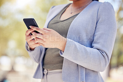 Buy stock photo Business, smartphone and hands of woman in park with communication, contact and online chat. Phone, typing and businesswoman in outdoor garden with mobile app for networking, web search or texting