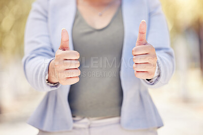 Buy stock photo Business, thumbs up and woman in park with agreement, support or gesture for deal success. Professional, positive review and businesswoman in outdoor garden with yes hand sign, opinion and good job