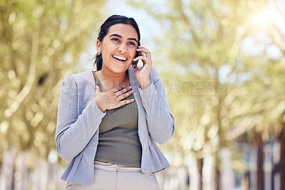 Buy stock photo Business, phone call and woman in park with good news, smile and connection for conversation. Smartphone, discussion and happy businesswoman in garden with mobile app for networking, chat or contact