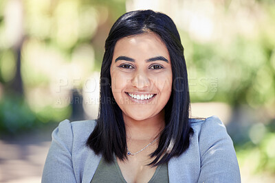 Buy stock photo Nature, smile and portrait of businesswoman in park with pride in legal case for career growth. Happy, confident and female environmental lawyer in outdoor forest for land conservation in Brazil.