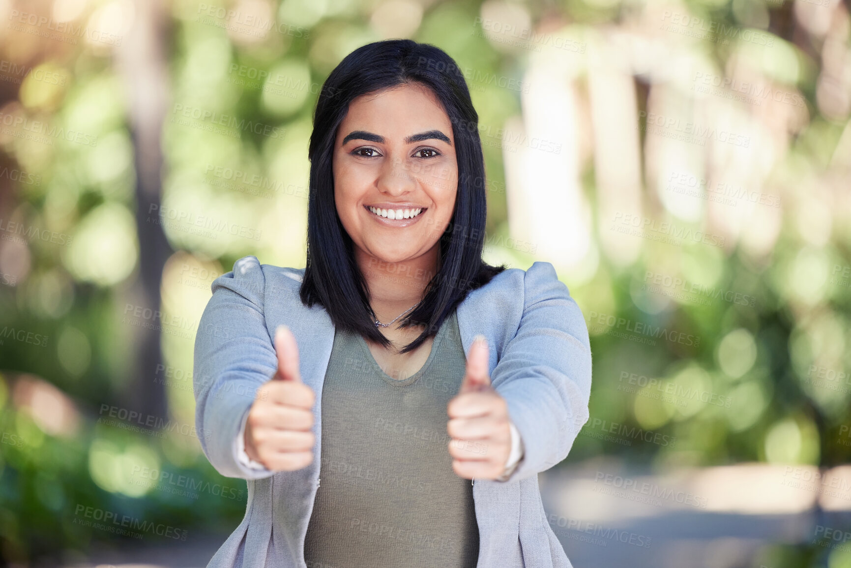 Buy stock photo Nature, thumbs up and portrait of businesswoman in park with pride in legal case for career growth. Happy, confident and environmental lawyer with approval gesture for land conservation in Brazil.