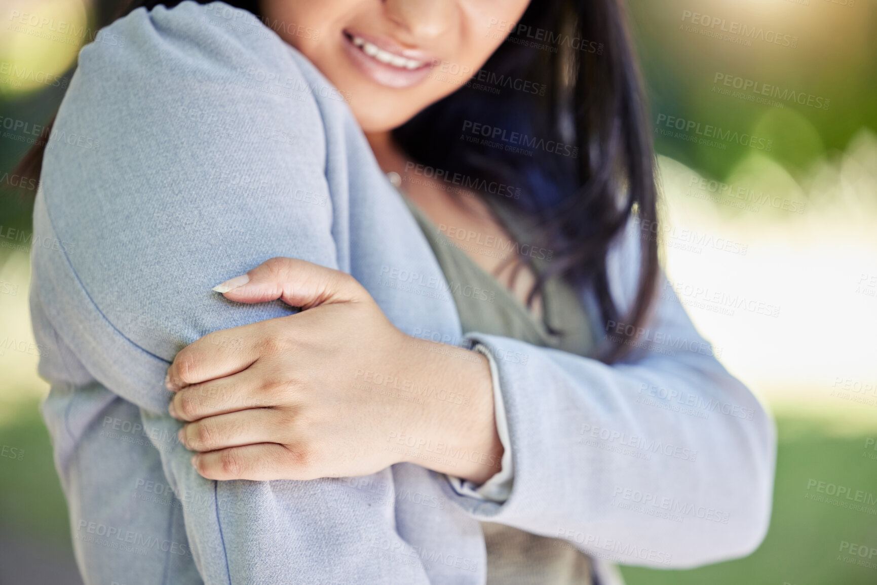 Buy stock photo Business woman, arm and pain in park with muscle cramp, stress and relief with hand for massage. Person, professional and outdoor with burnout, overworked and injury with strain in New Zealand