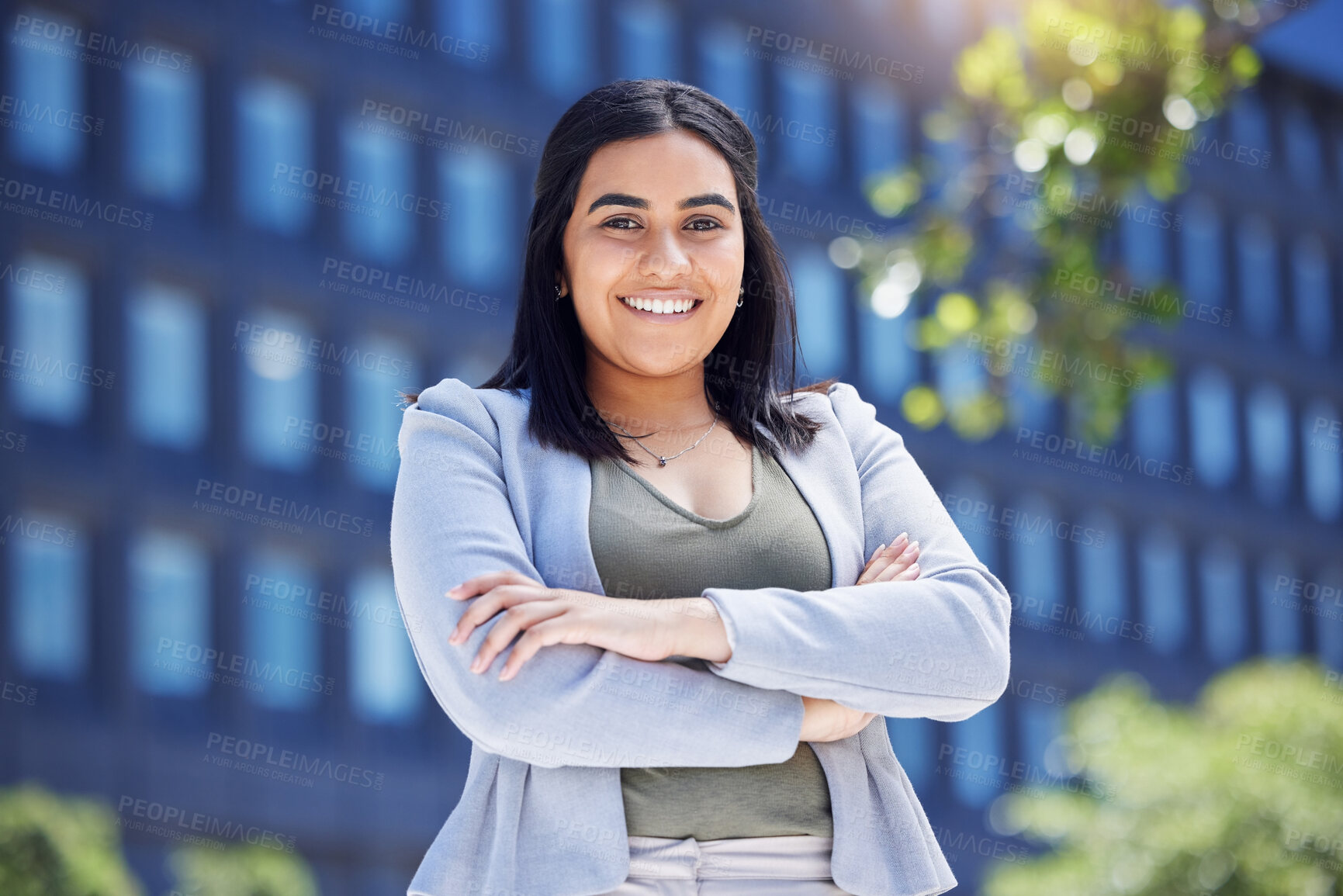 Buy stock photo Crossed arms, city and portrait of business woman with confidence, ambition and company pride. Corporate, professional and happy worker in urban town for career, travel and morning commute in London