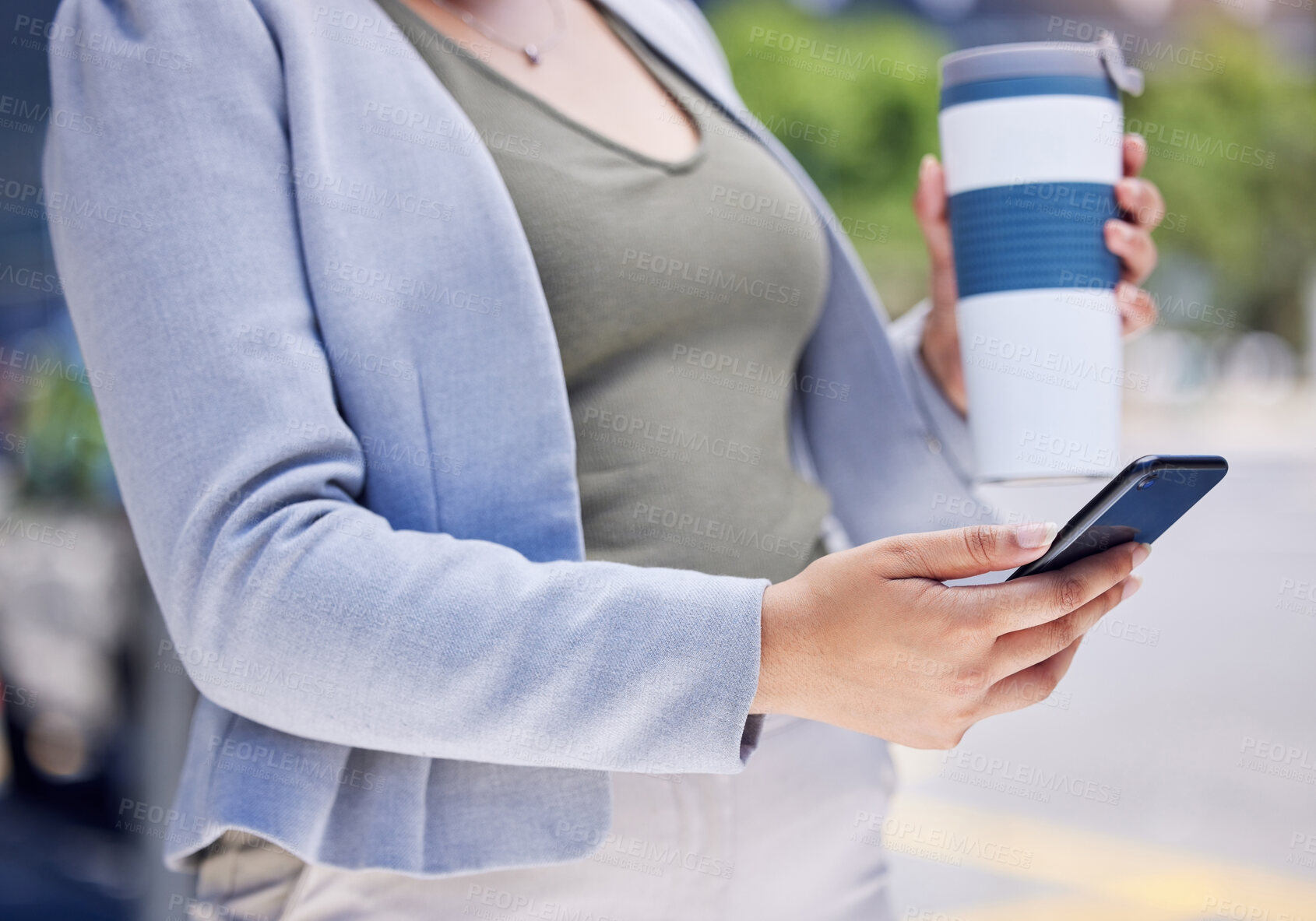 Buy stock photo Woman, hands and phone with location in street for ride share, information and communication. Business, person and body with tech by coffee for transport, destination or waiting for driver in morning