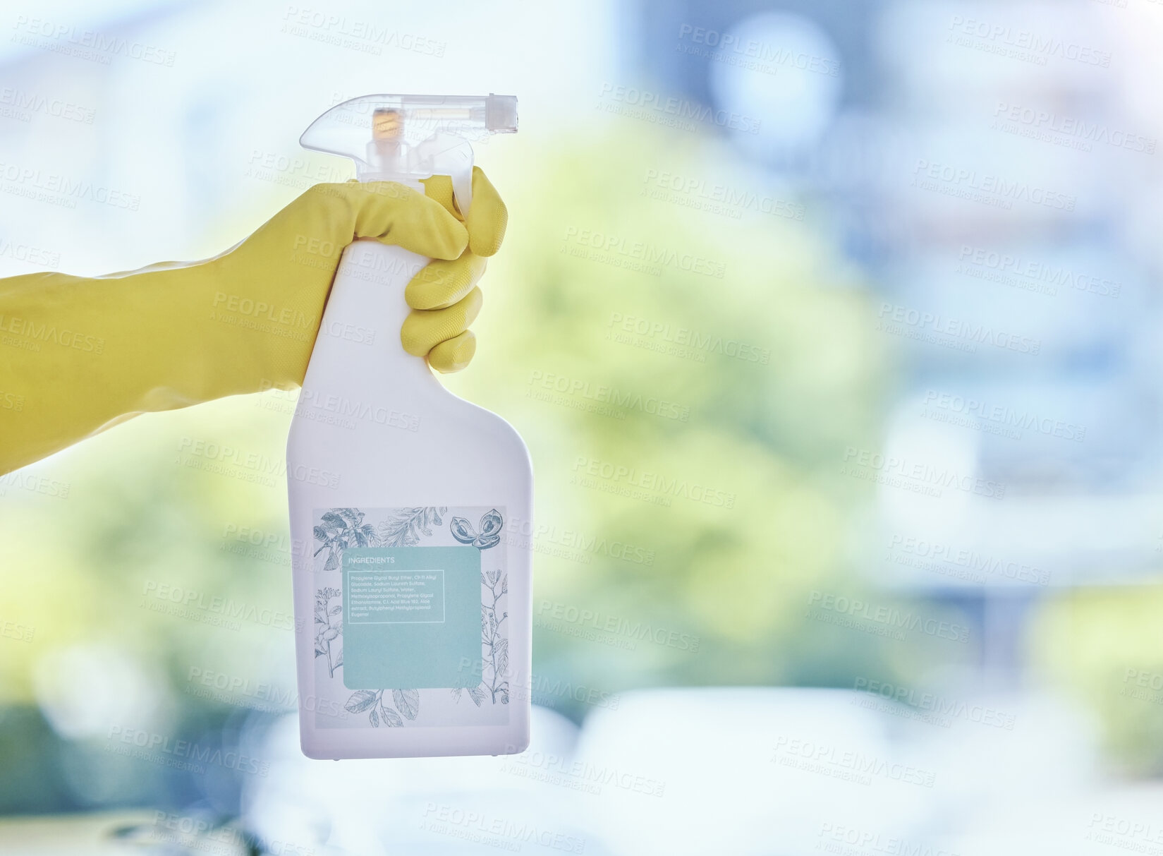 Buy stock photo Person, detergent and hand for housekeeping, spring cleaning or sanitation of bacteria in home. Hygiene, product and maid or cleaner with spray bottle for removal of dirt, germs or dust in apartment