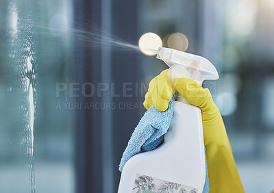 Buy stock photo Cleaning, spray bottle and hands in gloves on window for hygiene, disinfection and bacteria for maid service. Housekeeping, spring clean and equipment for washing, sanitary and housework on glass