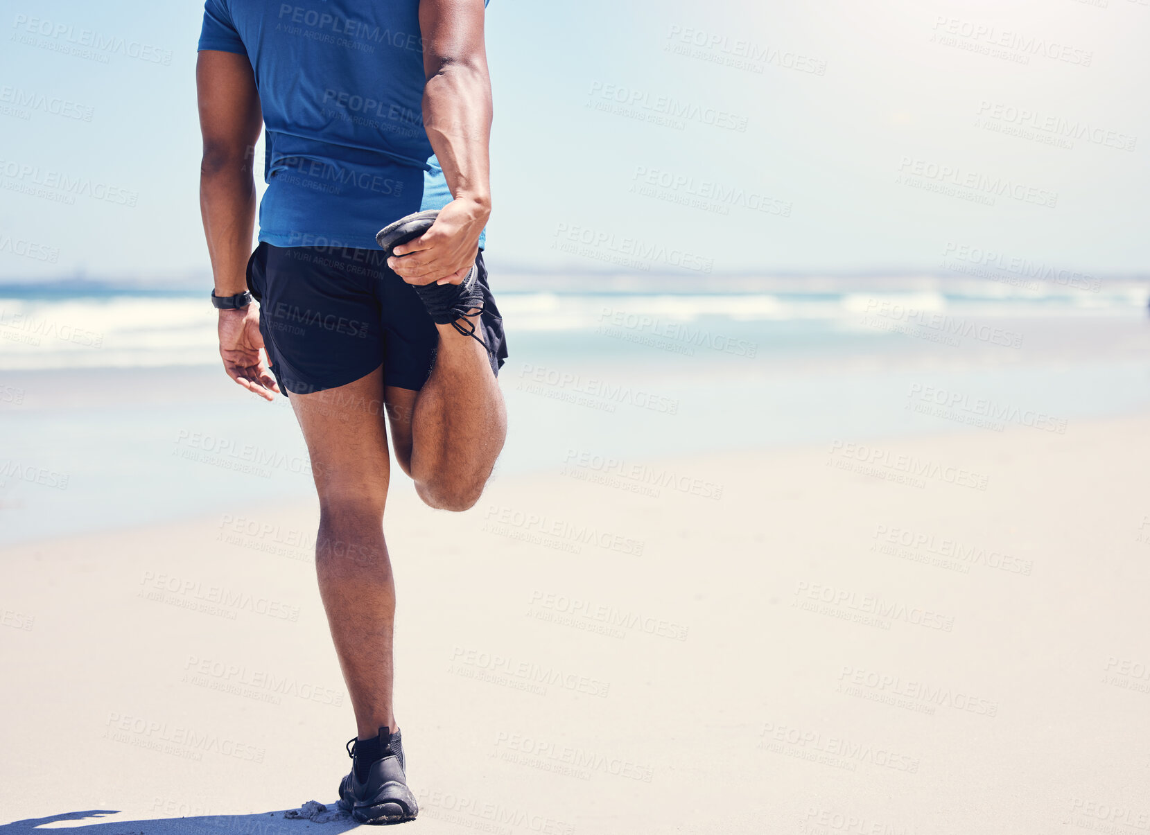 Buy stock photo Runner, legs and stretching by beach, ocean or sea for health workout, warm up training or muscle exercise. Man back, sports athlete and person for fitness, start and outdoor summer vacation mockup