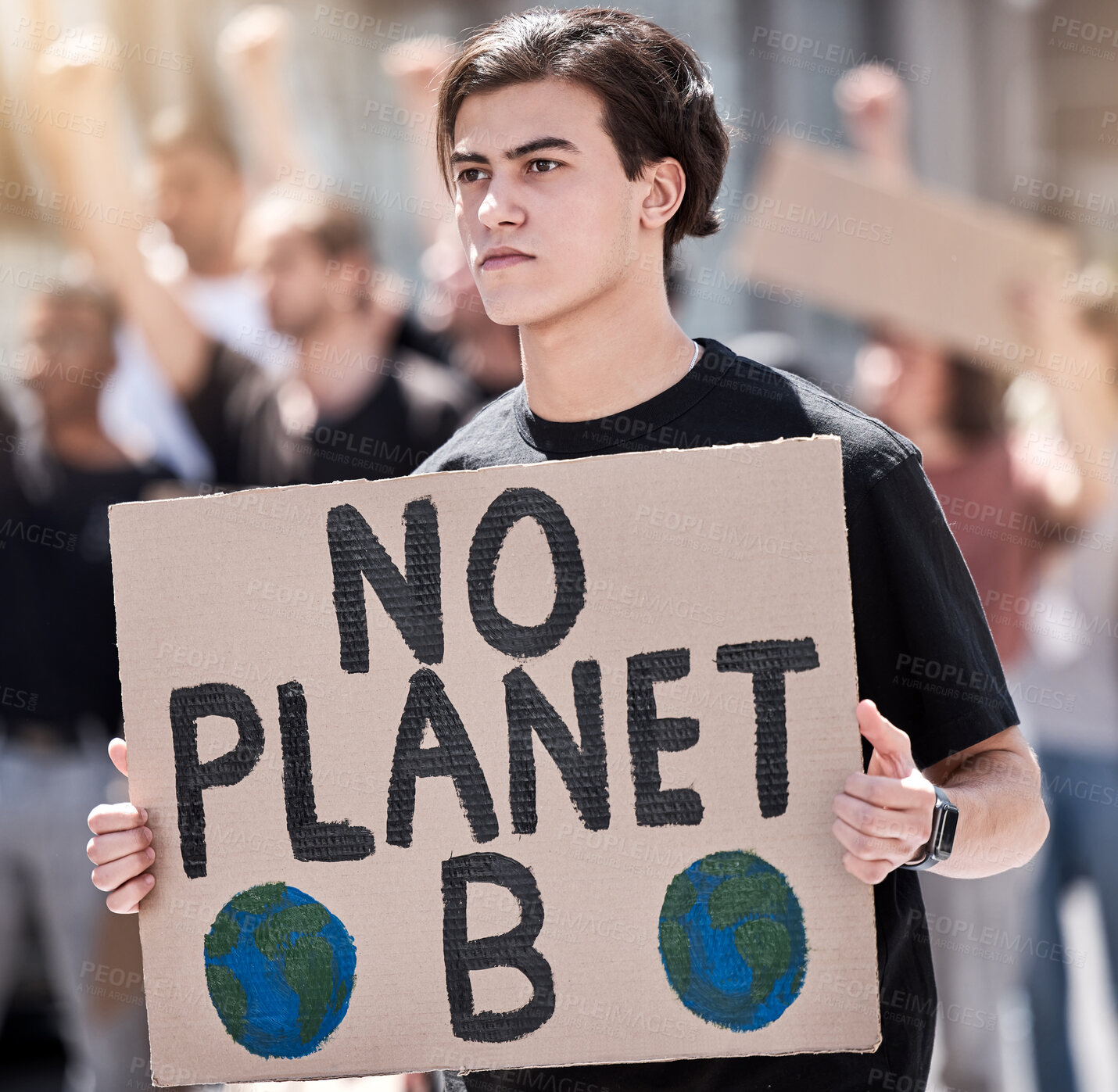 Buy stock photo Man, planet and protest with poster for climate change, global movement and sustainable future with action. Community, male protestor or activist with placard, board and sign for environment justice