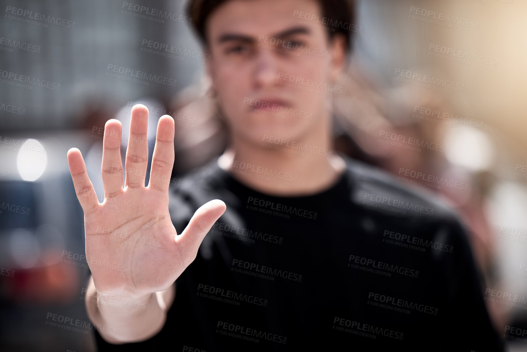 Buy stock photo Portrait, hand and man in rally with stop, decision making and choice with gesture for peace. Serious, male protester or activist with prohibition sign for justice, voice and human rights in protest