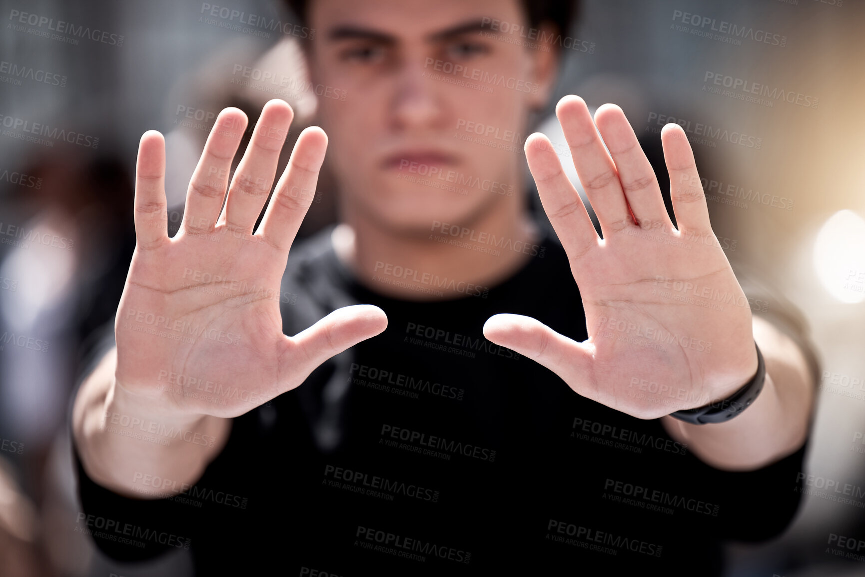 Buy stock photo Portrait, hands and man in protest with stop, decision making and choice with gesture for peace. Serious, male protester or activist with prohibition sign for justice, voice and human rights in rally