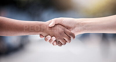 Buy stock photo Solidarity, handshake and people in agreement for connection, collaboration or respect for social support. Partnership, community and friends shaking hands for peace deal, diversity and introduction.