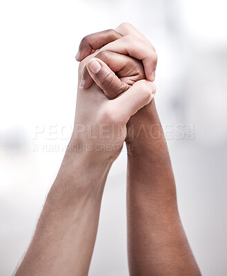 Buy stock photo Hands, together and people in protest for equality, human rights and diversity for peace against racism. Motivation, freedom and solidarity of teamwork for justice, resistance and support in rally